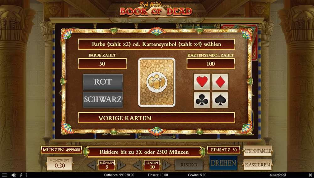 Das Risikospiel des Book of Dead Slots von Play'n GO.