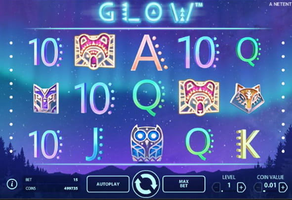 Der Startbildschirm des Glow Slots den ihr hier kostenlos spielen kГ¶nnt.