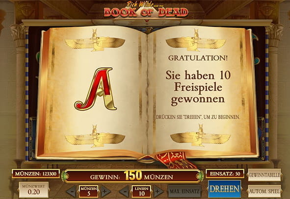 Eine Bildschirmfoto vom Play'n Go Slot Book of Dead. Beim Klicken auf das Bild startet eine kostenlose Demoversion dieses Spielautomaten.